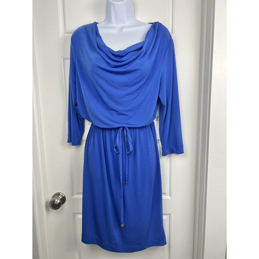 Banana Republic Factory Blue Drape Neck 3/4 Sleeve Tie Belt Dress Size L